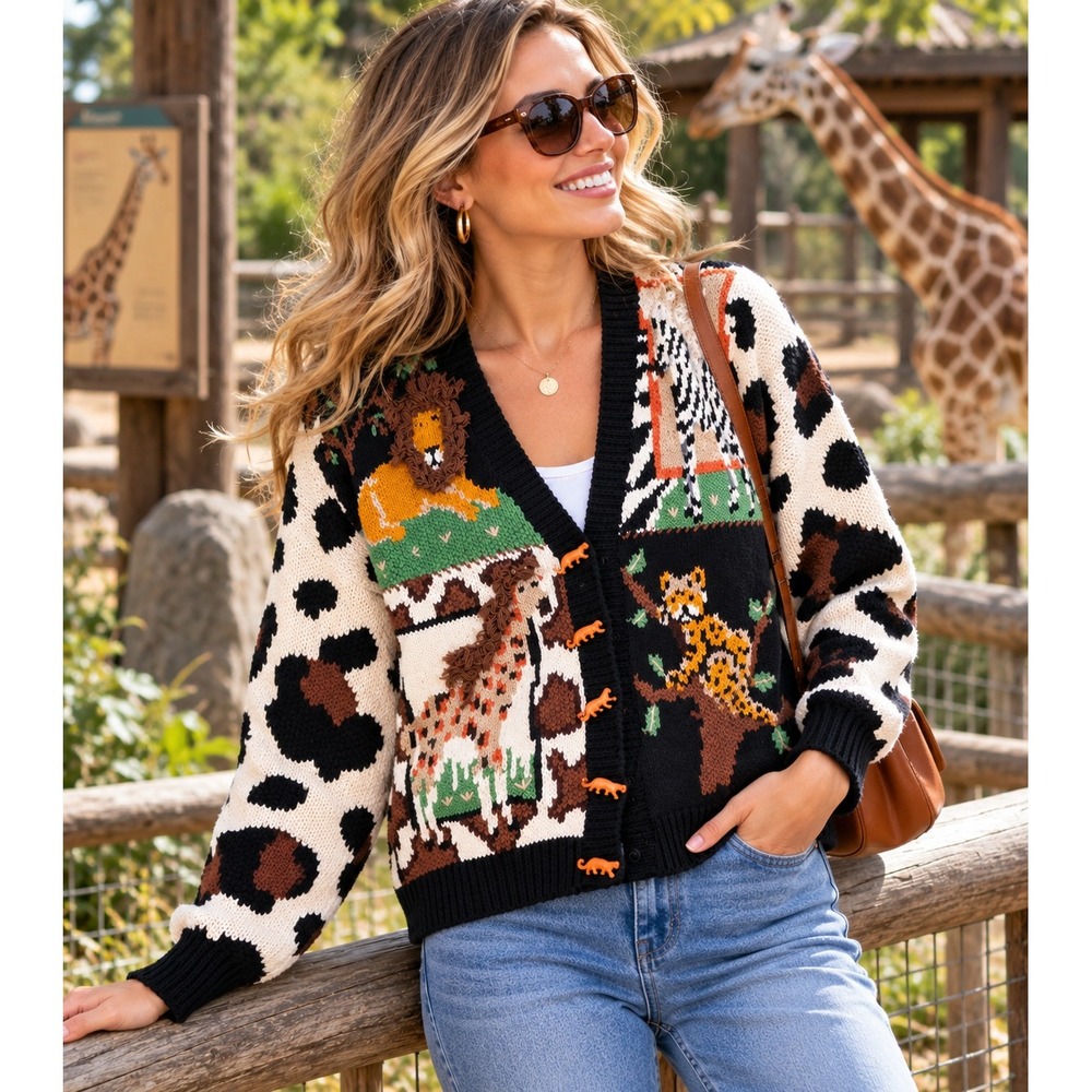 BellePointe Vintage Safari Animal Knit Cardigan Tiger Buttons Small Black Multi